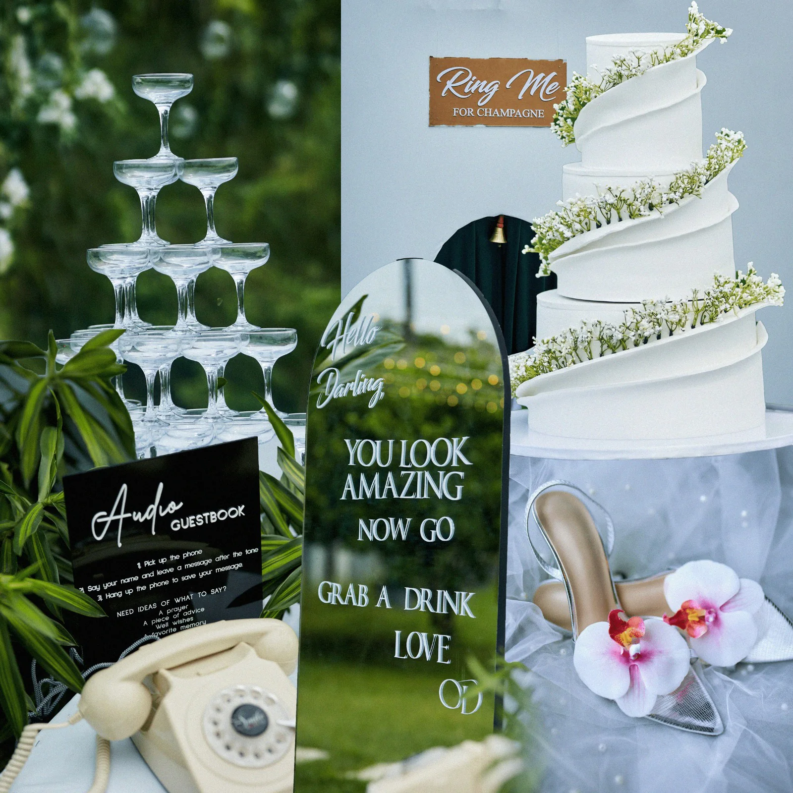 Wedding details: champagne tower, guestbook phone, welcome sign and tiered white cake