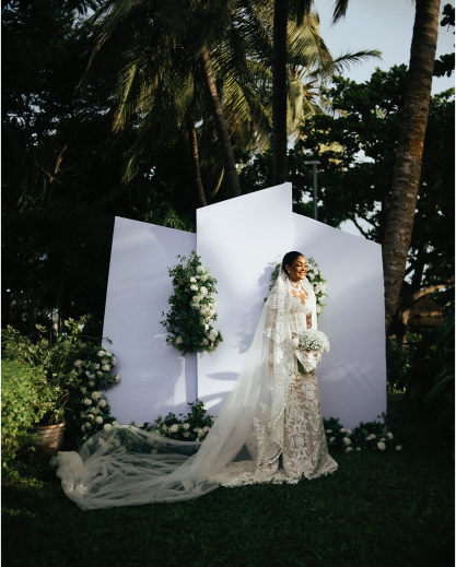 Bride against white backdrop